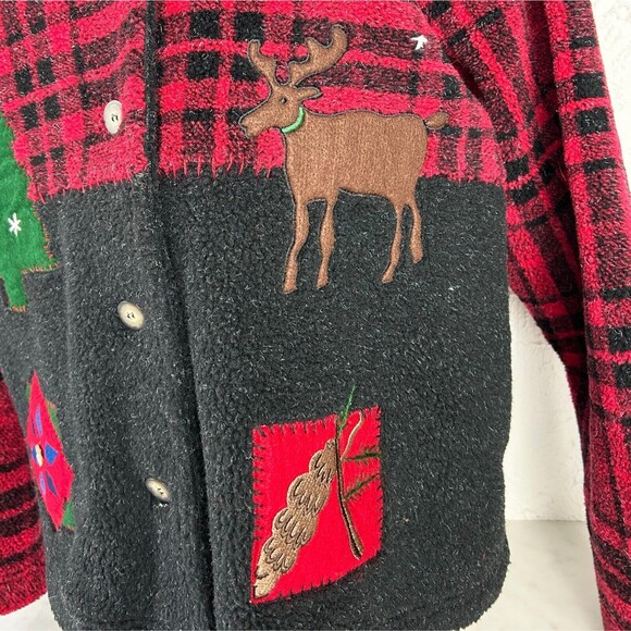 Talbots Fleece Applique Jacket Women's XL Red Black Reindeer Christmas Tree - Picture 4 of 14